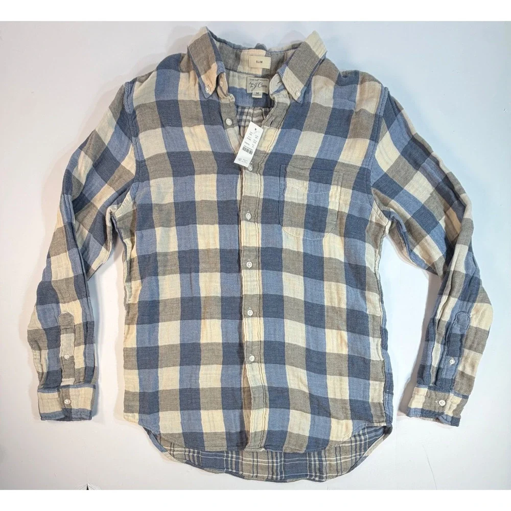 J. Crew Slim Fit Plaid Button Down Shirt Blue Cream Mens Medium AY988 NWT